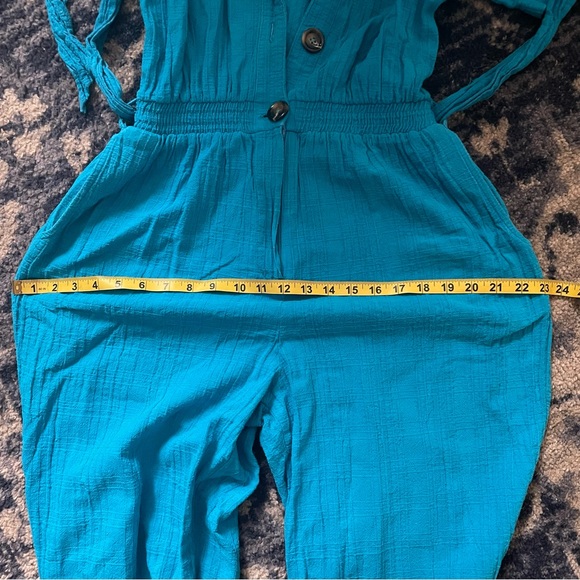 Vintage 80s Saint Germain Paris turquoise blue gauze jumpsuit Large - Picture 10 of 10